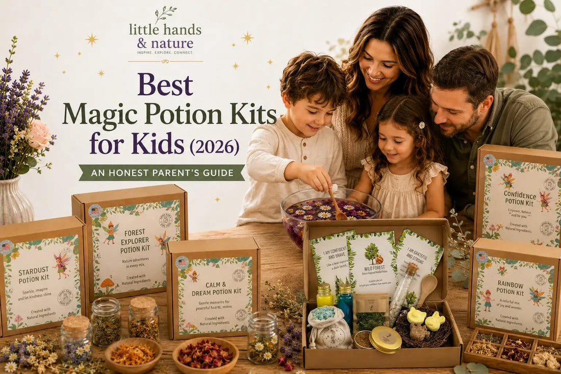 Parent and child creating magical potion together using nature-inspired sensory ingredients