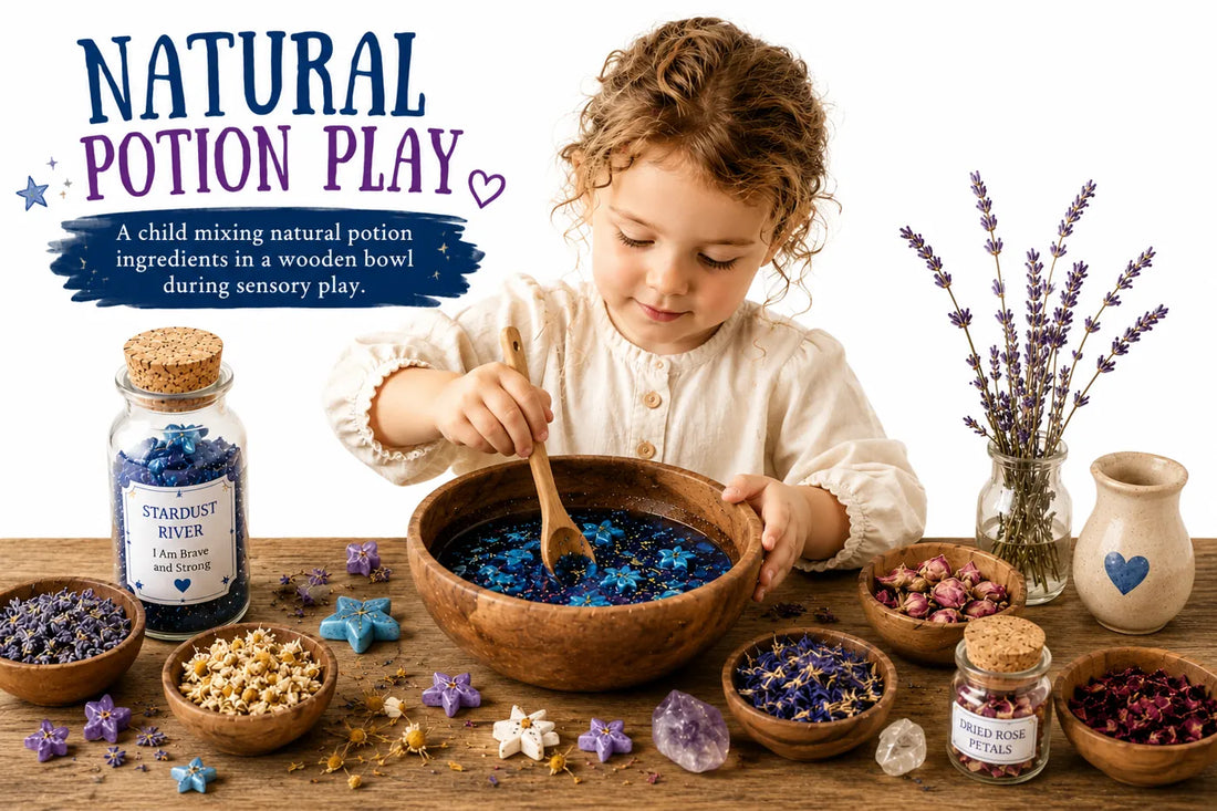 A child mixing natural potion ingredients in a wooden bowl during sensory play