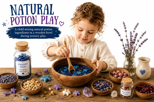 A child mixing natural potion ingredients in a wooden bowl during sensory play
