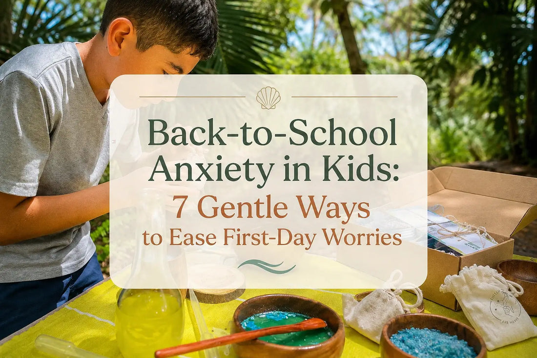 Child creating an ocean-inspired sensory potion as a calming back-to-school ritual before the first day of school