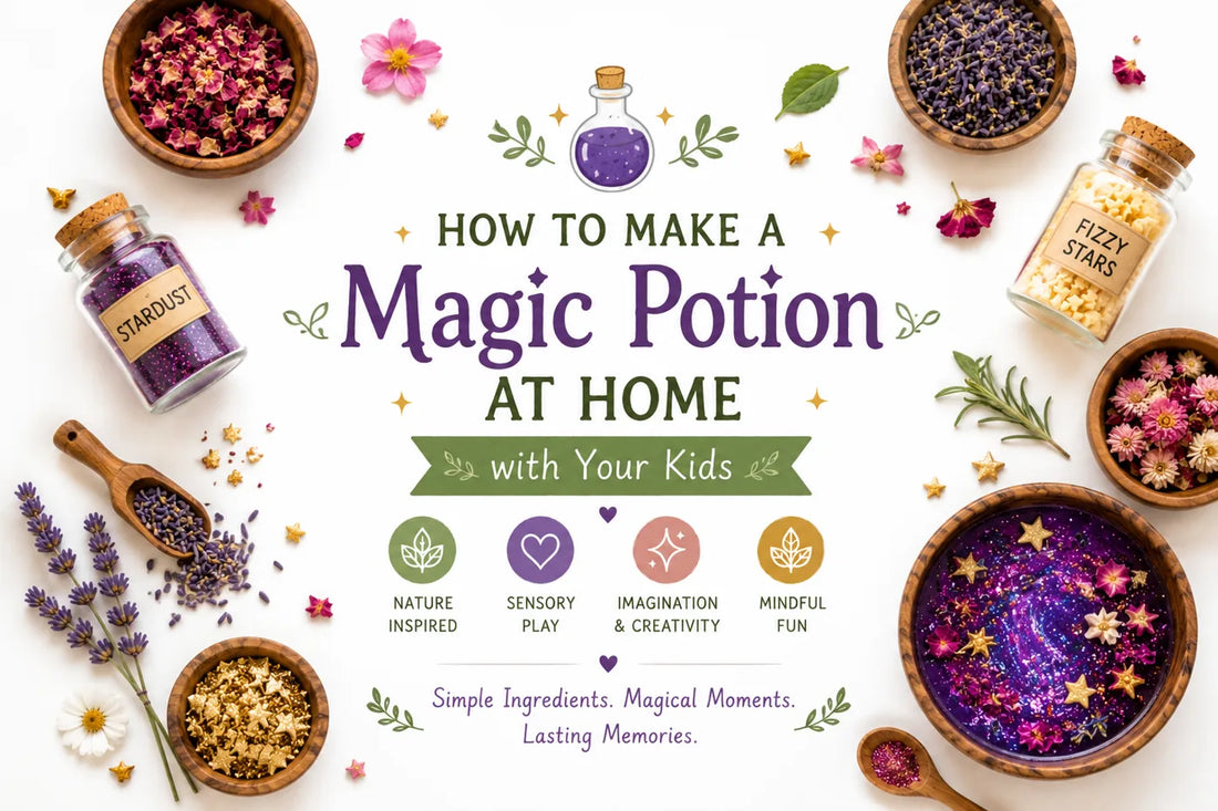 Child-friendly magic potion ingredients setup with stardust, fizzy stars, and sensory play bowl on a clean white background
