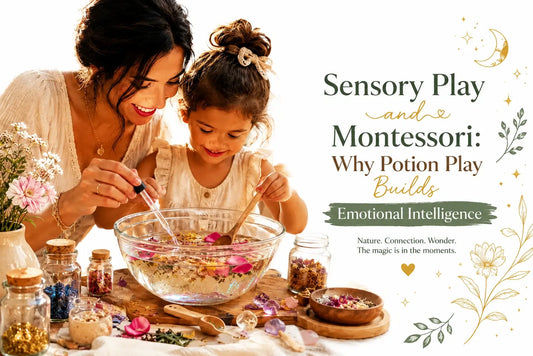 Child creating sensory Montessori potion play activity with natural ingredients