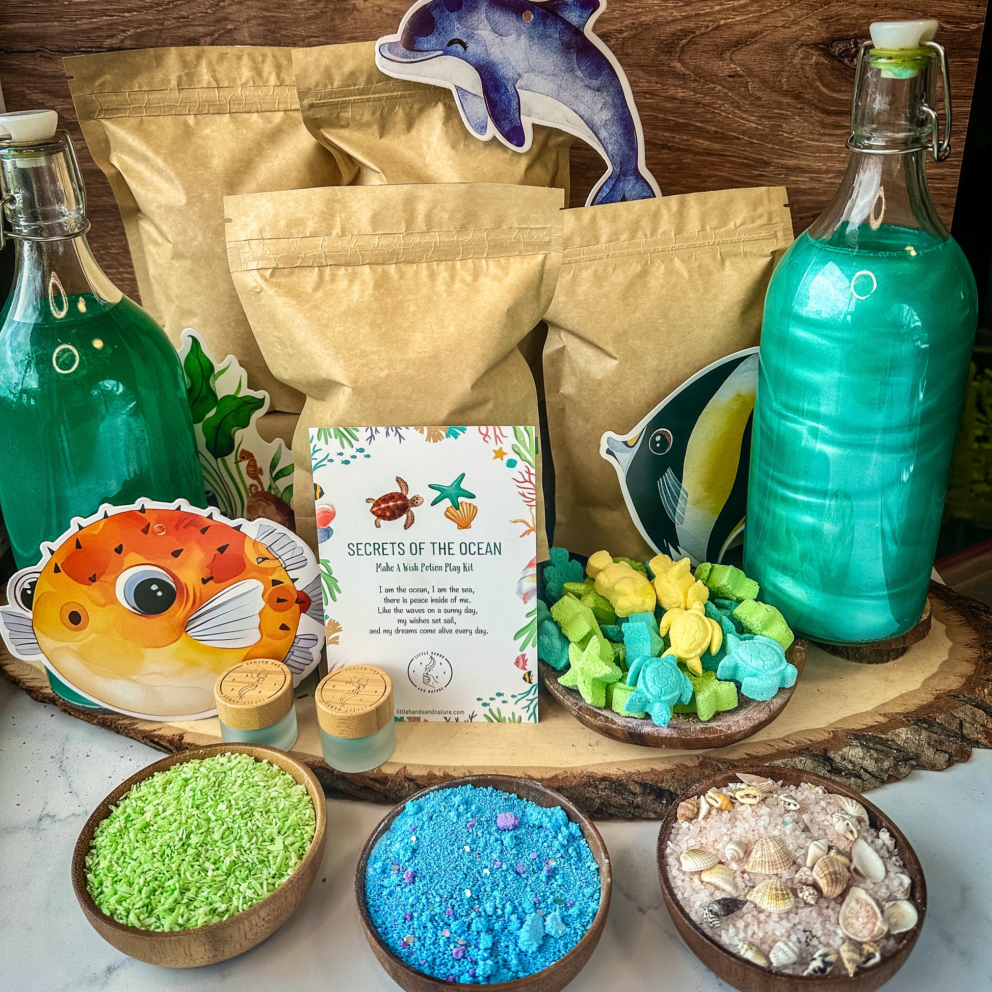 Secrets of the Ocean Potion Party Kit with magical ocean-themed potion ingredients for kids' sensory birthday parties and imaginative play